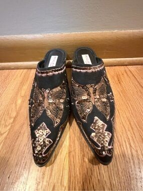 Western boot style Sequin Butterfly Black Pointed-Toe Mules